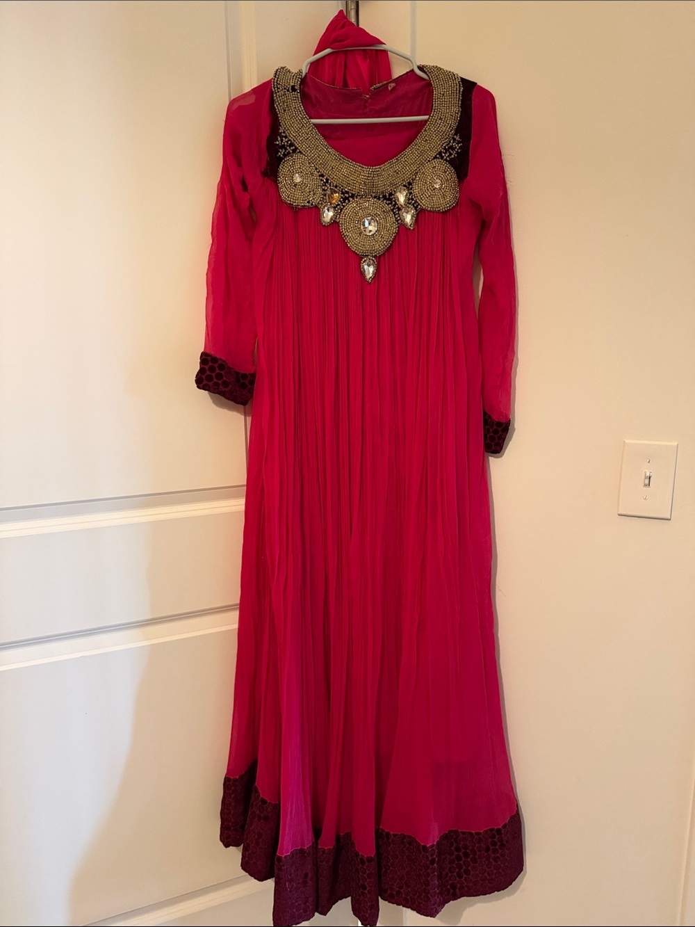 Embellished Fuchsia Maxi Dress with Gold Neck Detail/ Kaftan/Pakistani/afghan